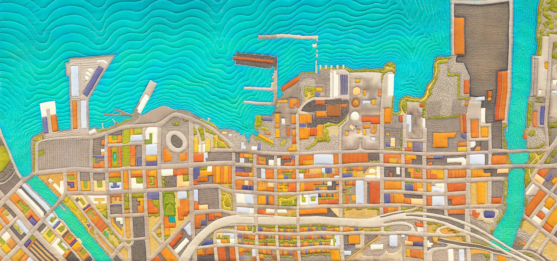 Embroidered, quilted map of San Francisco's Dogpatch neighborhood