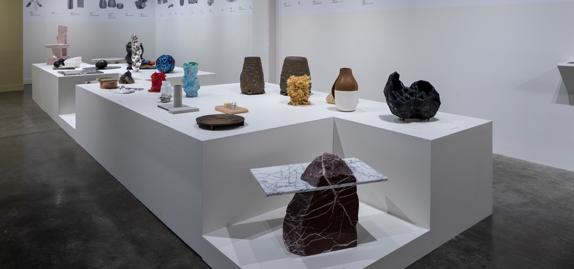 Sculptures created with different material in museum exhibition