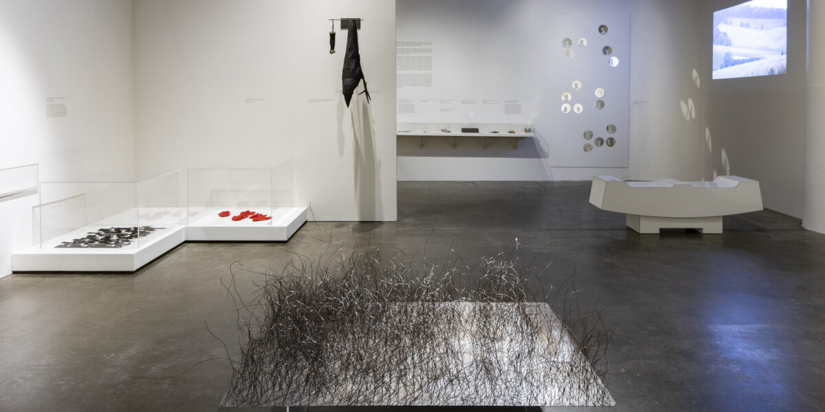 Photo of interior of exhibition of work by Iris Eichenberg