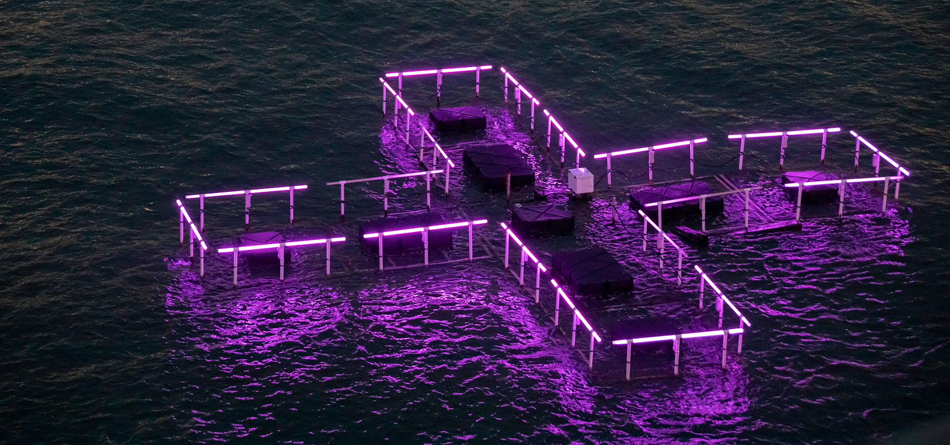 Purple 3D floating cross on the river