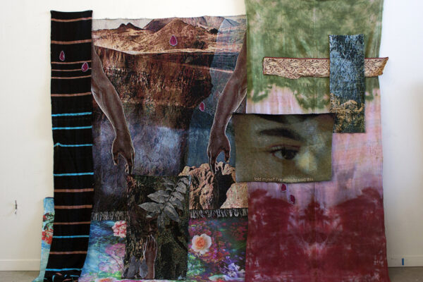 Multicolor assemblages of hand-dyed fabric.