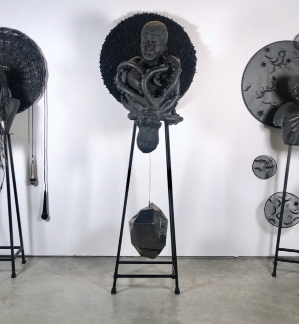 Tara Daly, Saints for the Anthropocene, 2019, ceramic, steel, cable, vinyl. Photo courtesy of the artist