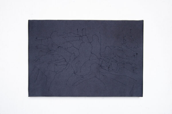 A series of drawings made with stitched thread lines on dark cloth.