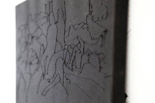 A series of drawings made with stitched thread lines on dark cloth.