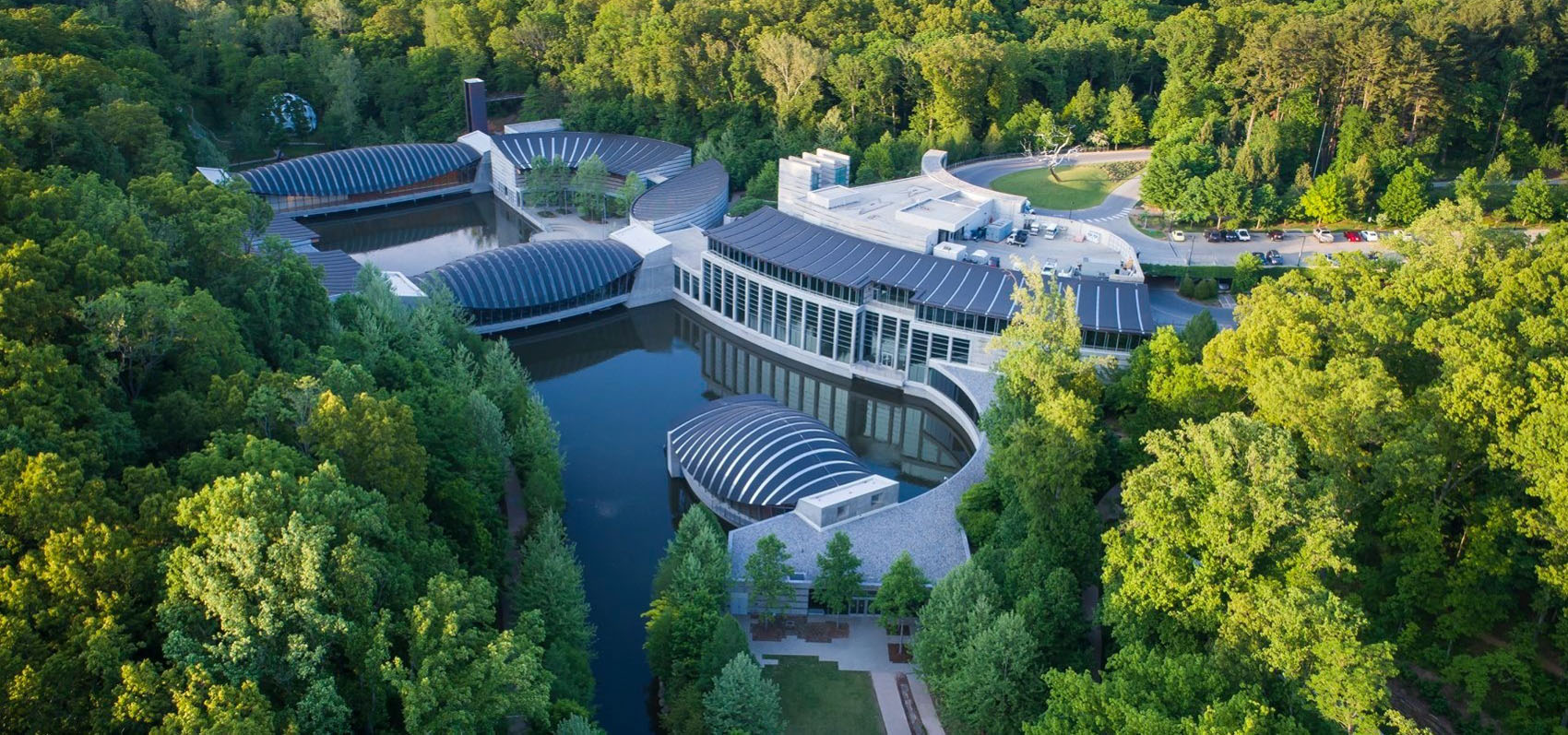 View of Crystal Bridges and surrounding trees from above