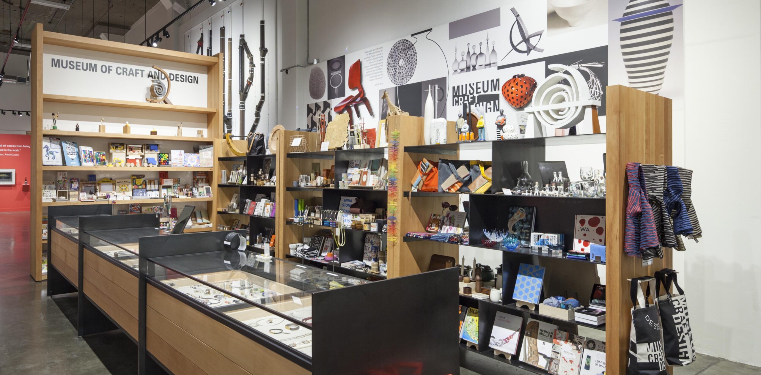 Museum store entrance with jewelry display, scarves, books and more.