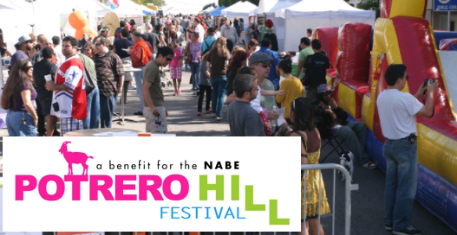 Photo of festival goers, overlain with Potrero Hill Festival logo. Potrero Hill Festival logo in pick, green, and blue. A mountain goat silhouette stands on the “T” in “Potrero”.