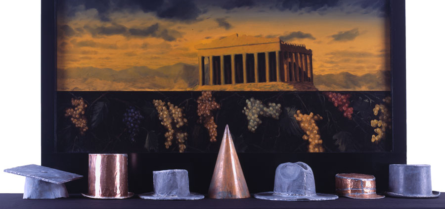 Sculptural Hat in bronze and silver and painting in background