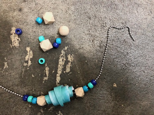 Beading necklace using handmade paper bead, pony and wooden beads.