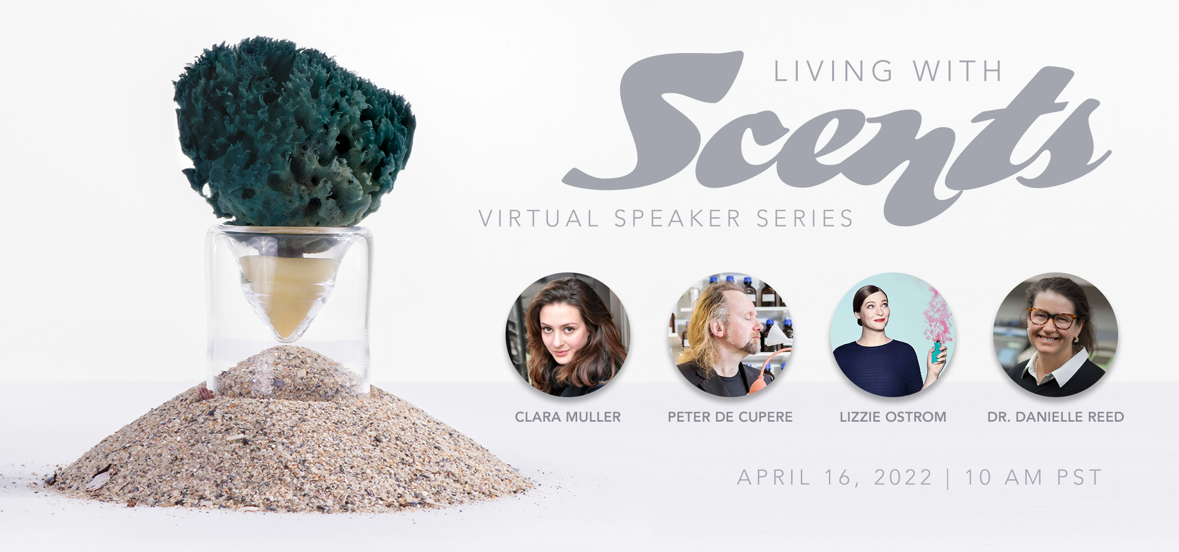 Graphic for panel talk with four headshots and "living with scents" banner