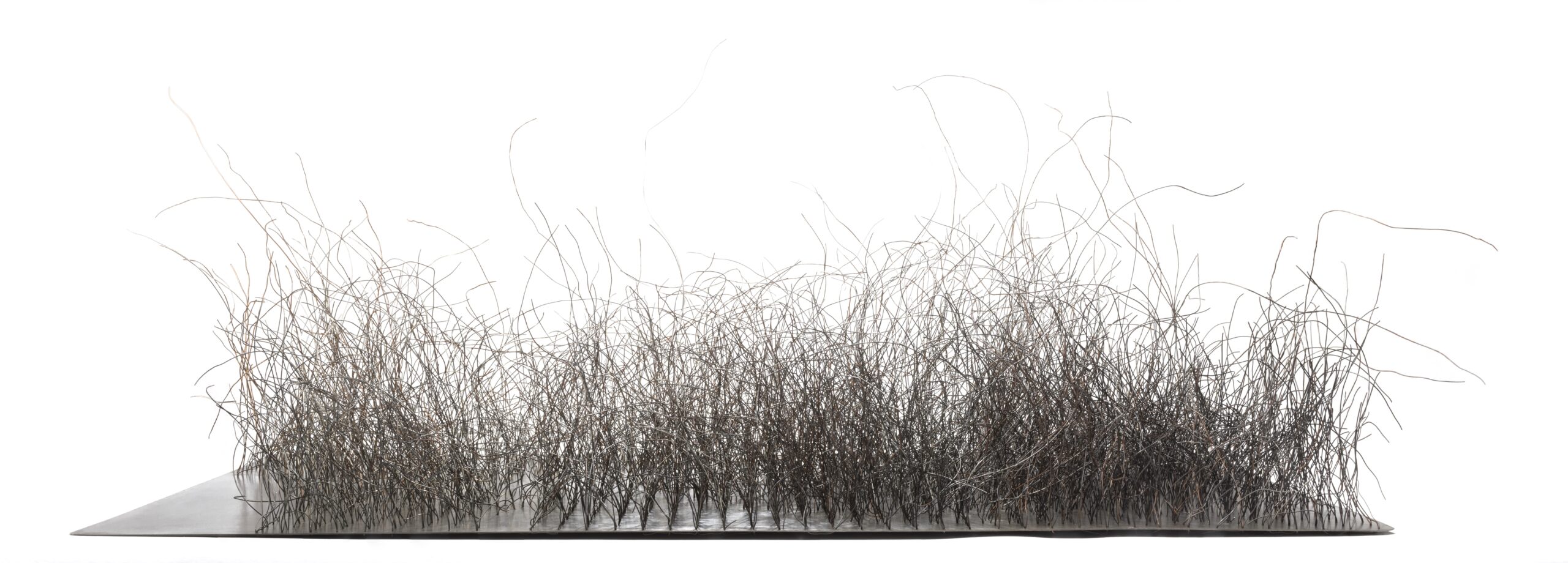horizontal metal sculpture with strands coming out of it looking like grass or hair