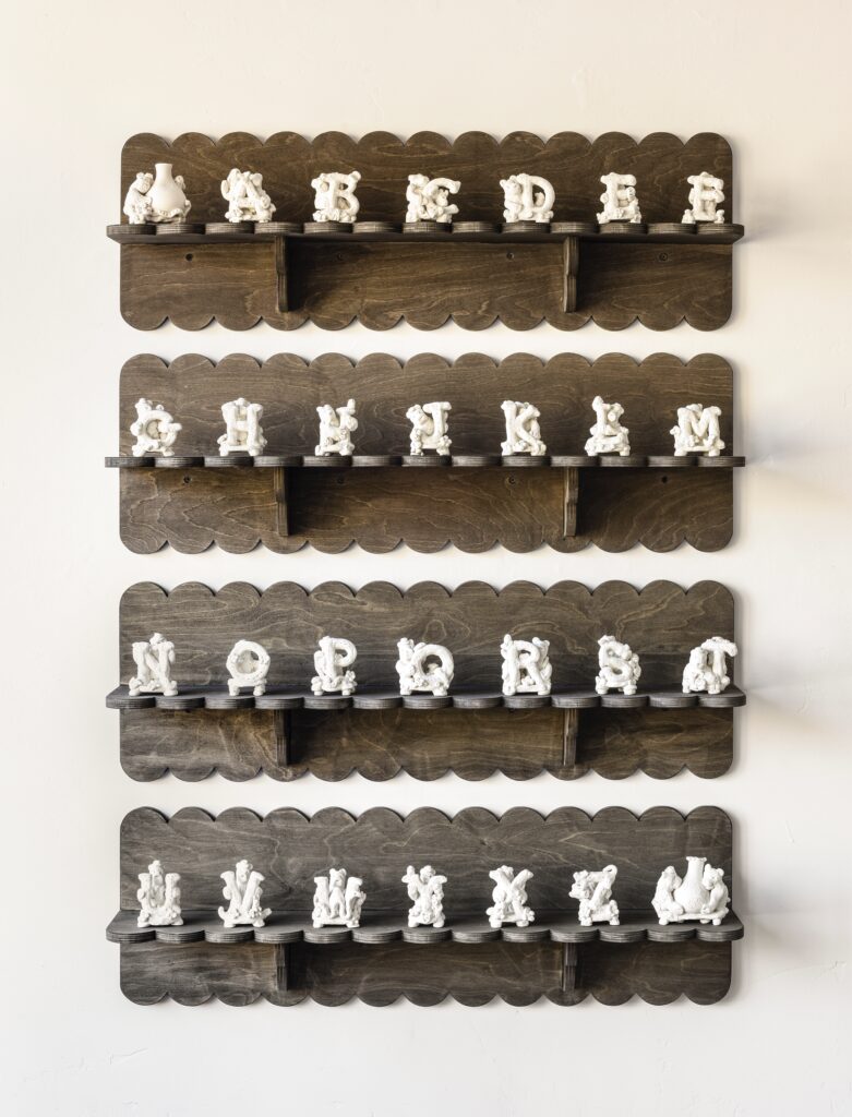 Photo of an artwork of clay figurings that spell out the alphabet sitting on individual shelves