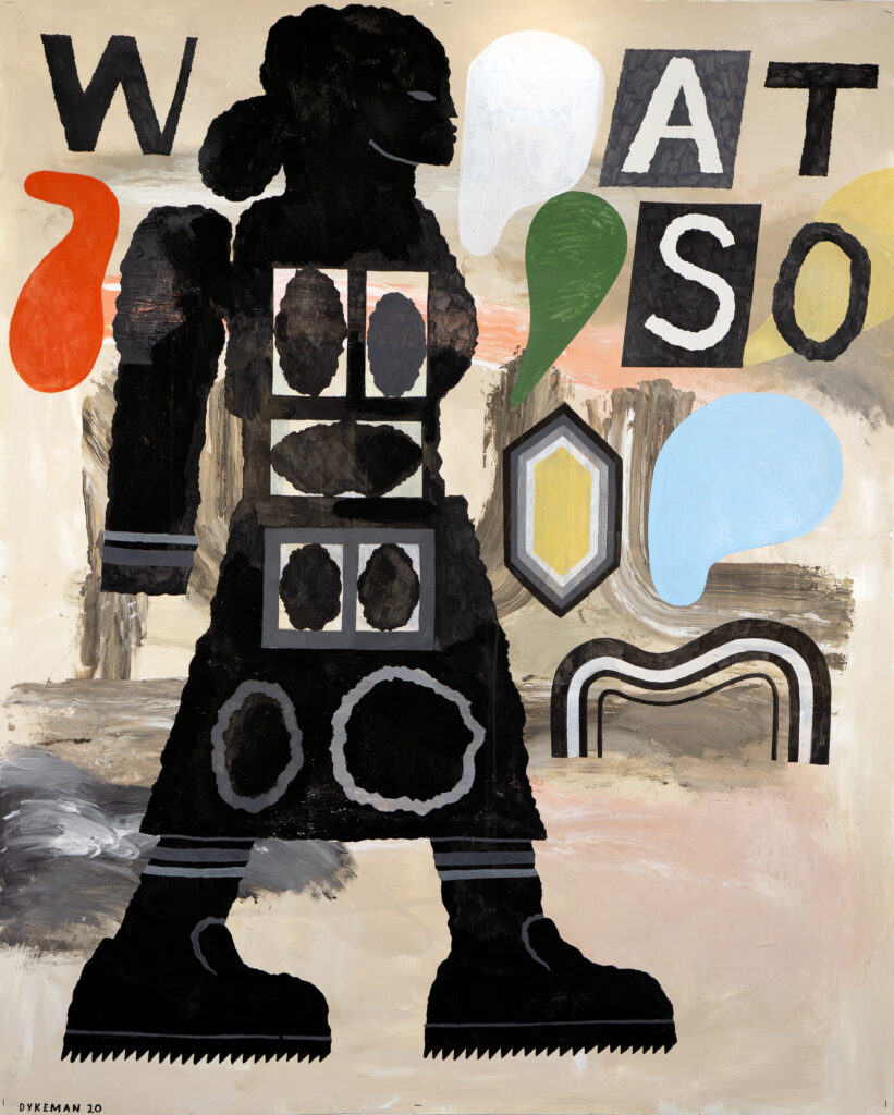 Artwork image of a silhouette with letters and abstract shapes