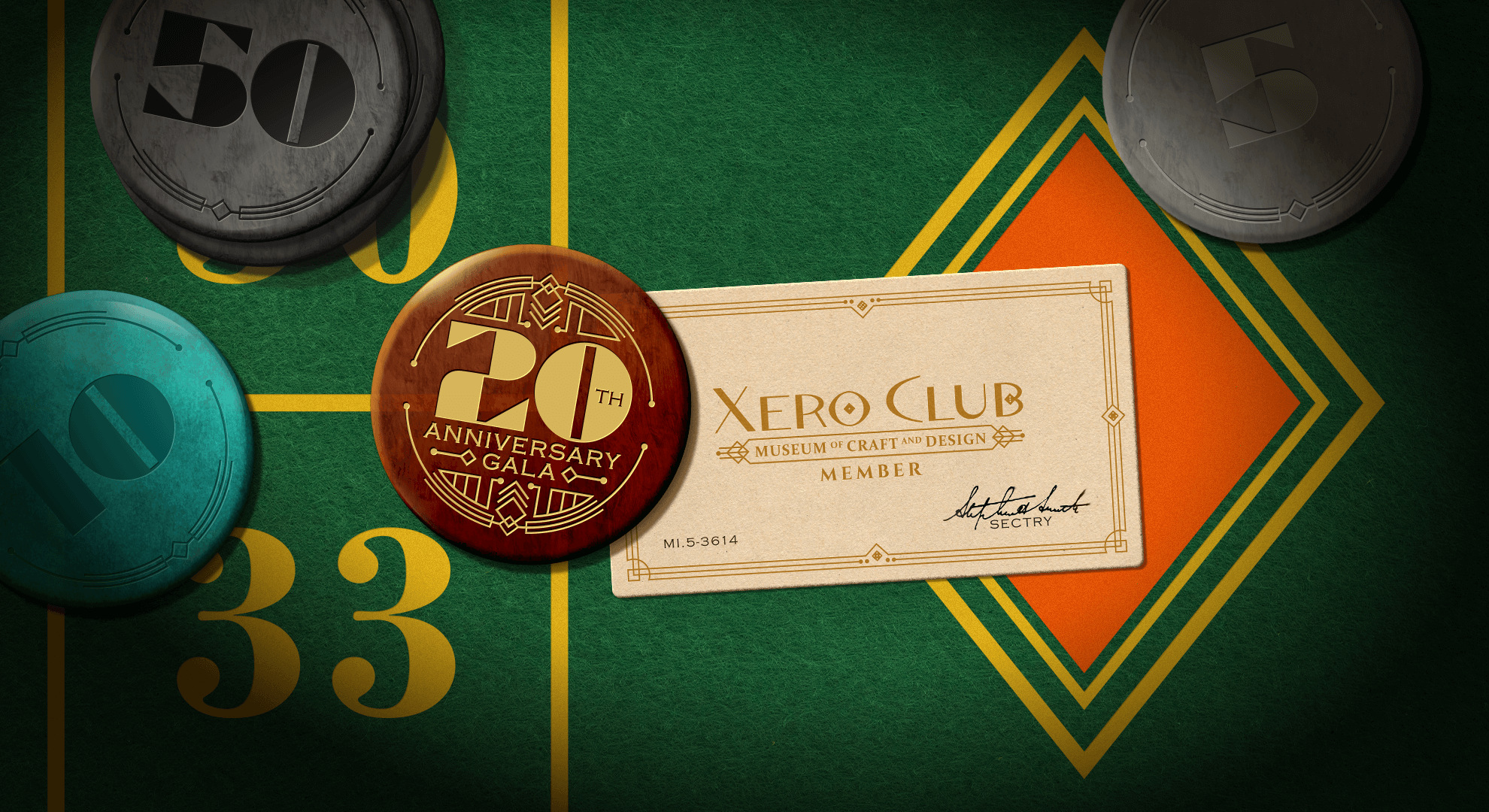 Graphic for 20th anniversary gala, Xero Club on a roulette table