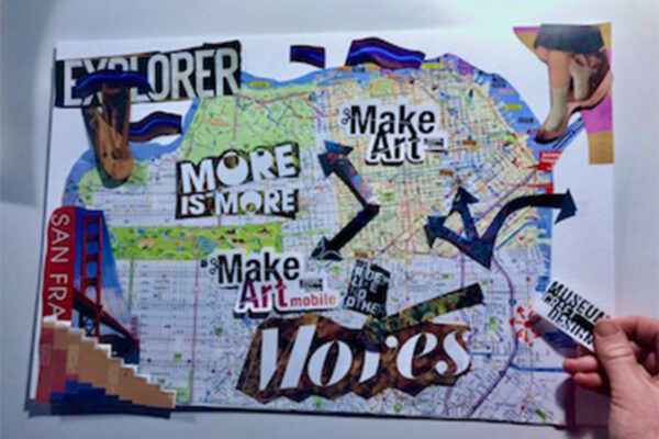 Planning collage layout with map and magazine cut outs