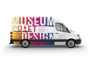 Digital rendering of a white van wrapped in with the Museum of Craft and Design logo in rainbow colors