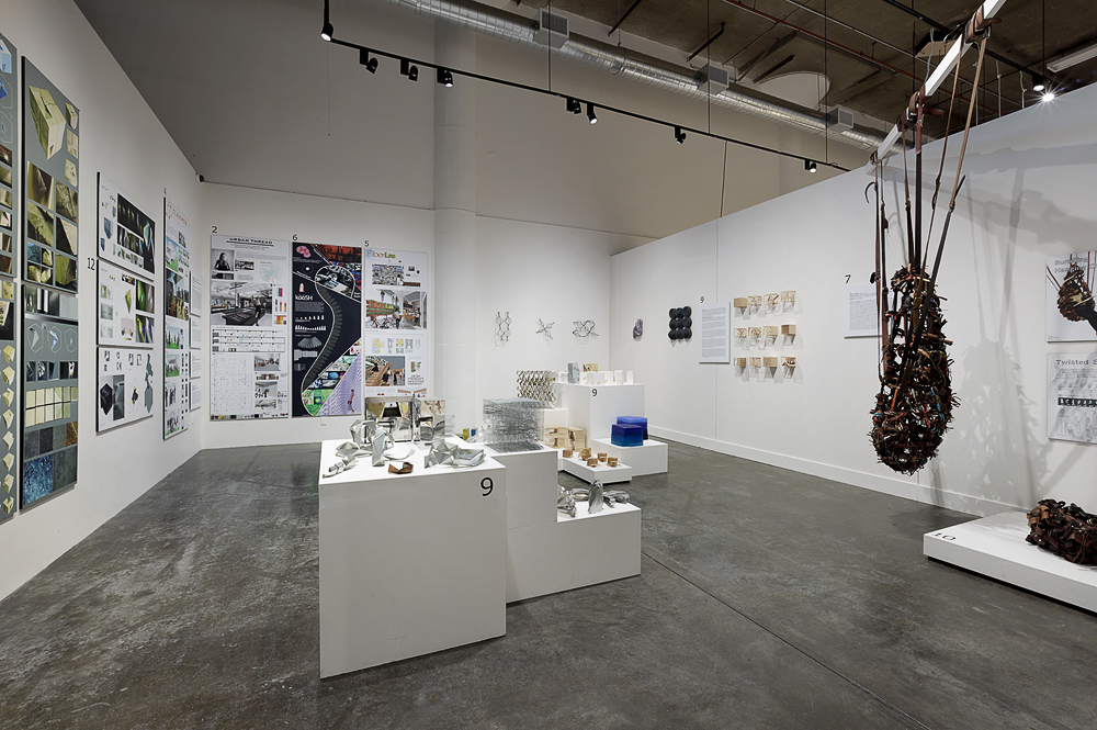 Exhibition photo of multiple artworks inside the Museum of Craft and Design