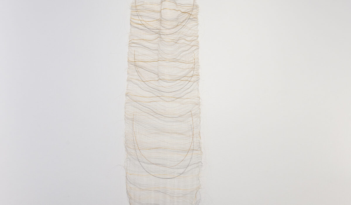 Hanging artwork made from silk, monofilament, wood, horsehair, cotton