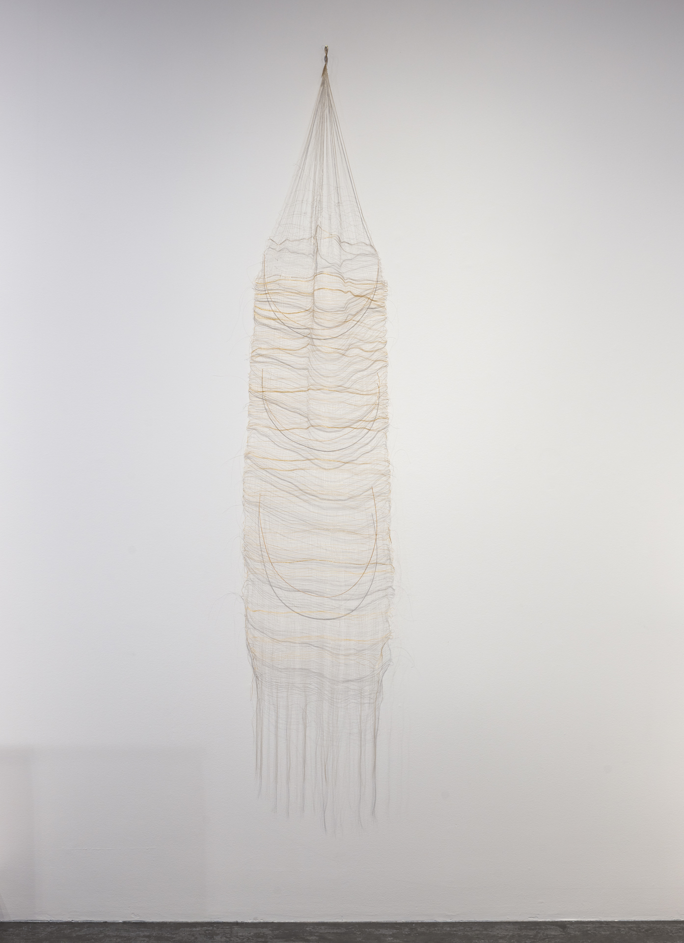Hanging artwork made from silk, monofilament, wood, horsehair, cotton