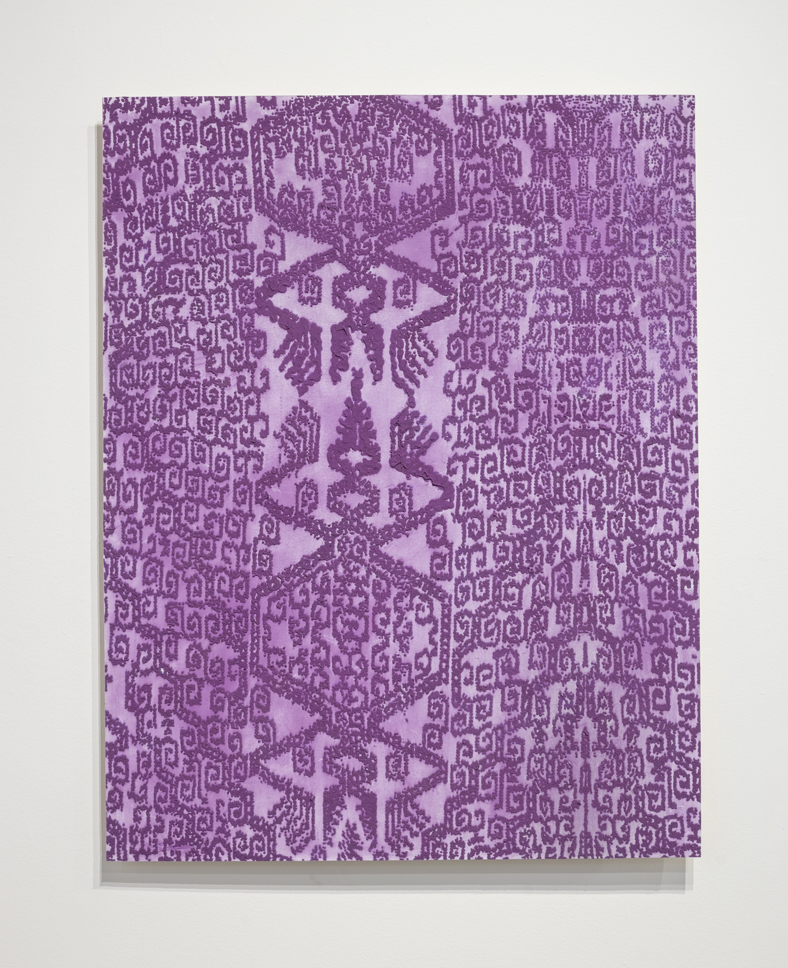 Artwork hanging on the wall made of Ube, digital photo print, acrylic paint, PVA glue, plywood, and manganese pigment