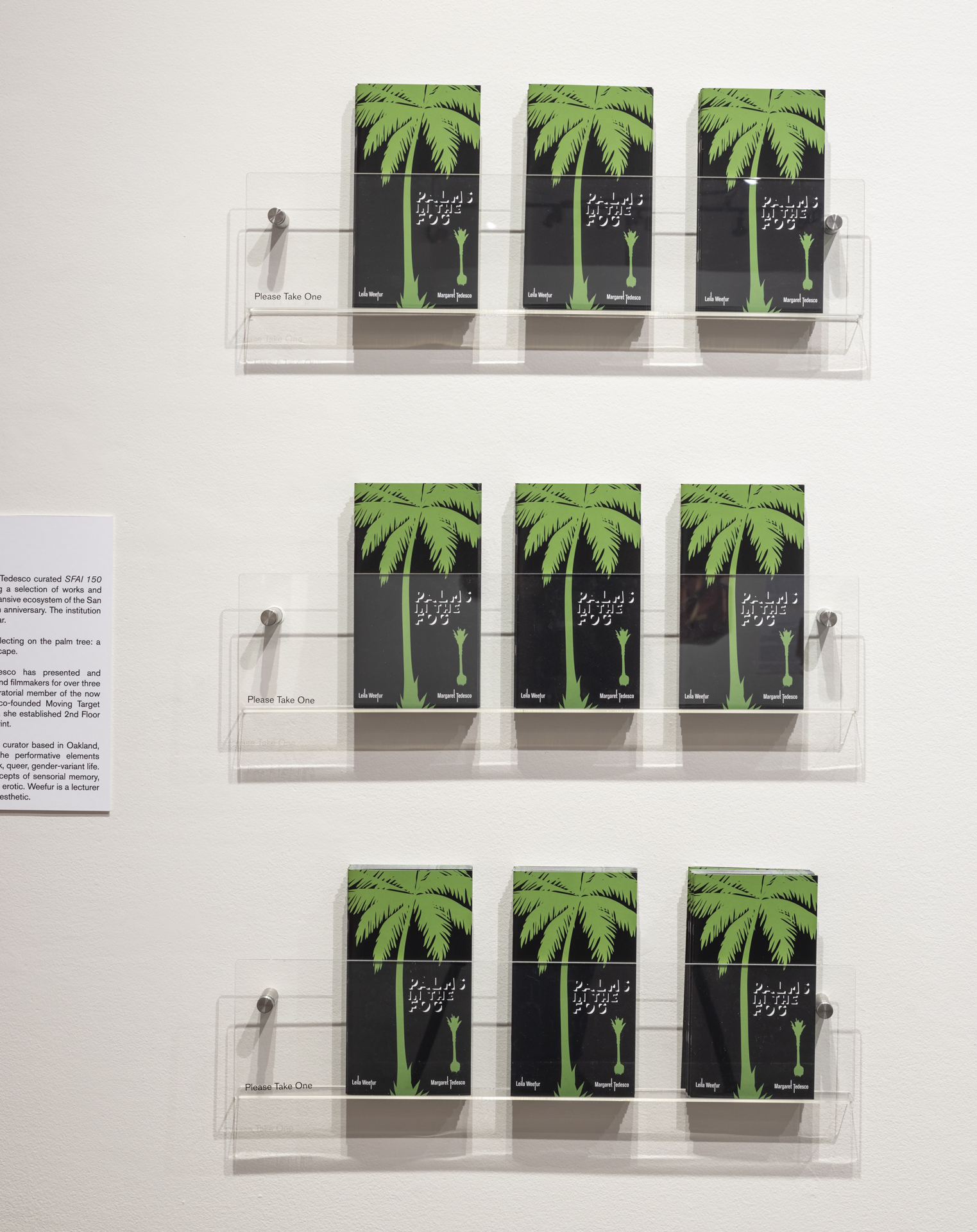 Three rows of three magazines with a green palm tree and black background hanging on the wall