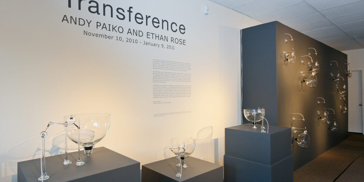 View of the inside of an exhibition with the words Transference Andy Paiko and Ethan Rose and grey walls and pedestals with glass
