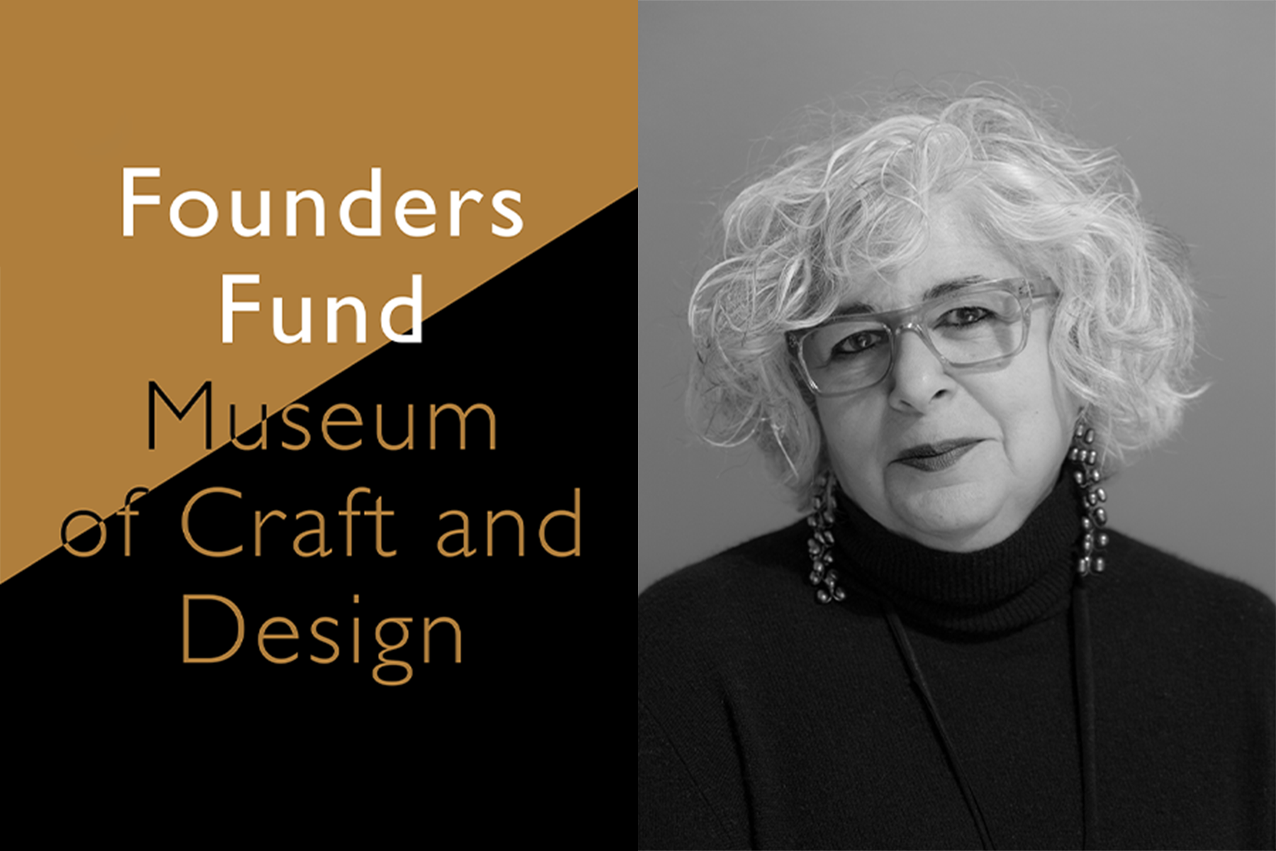 Logo of gold and black with the text "Founders Fund Museum of craft and Design" on the left side and a headshot on the right side.