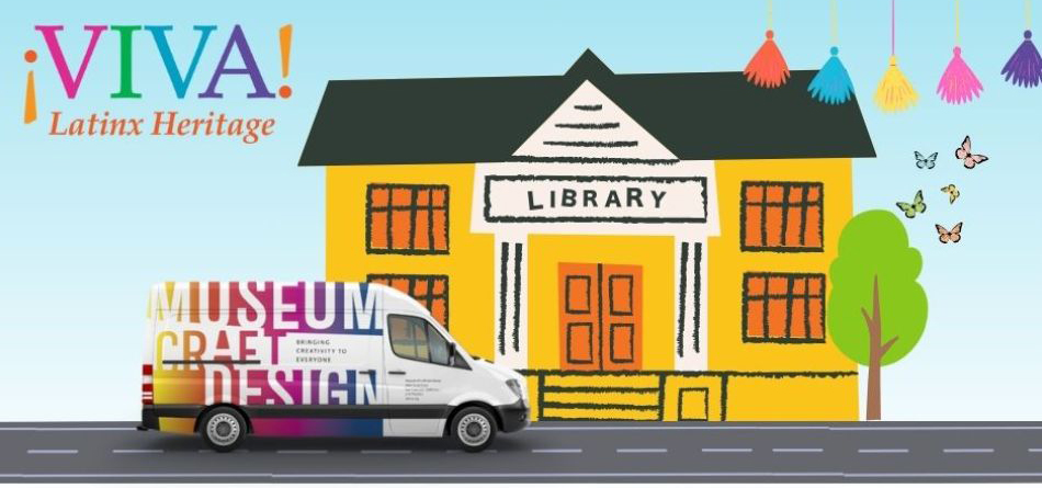 Decorative Flyer with a van in front of a library and text reading Viva Latinx Heritage