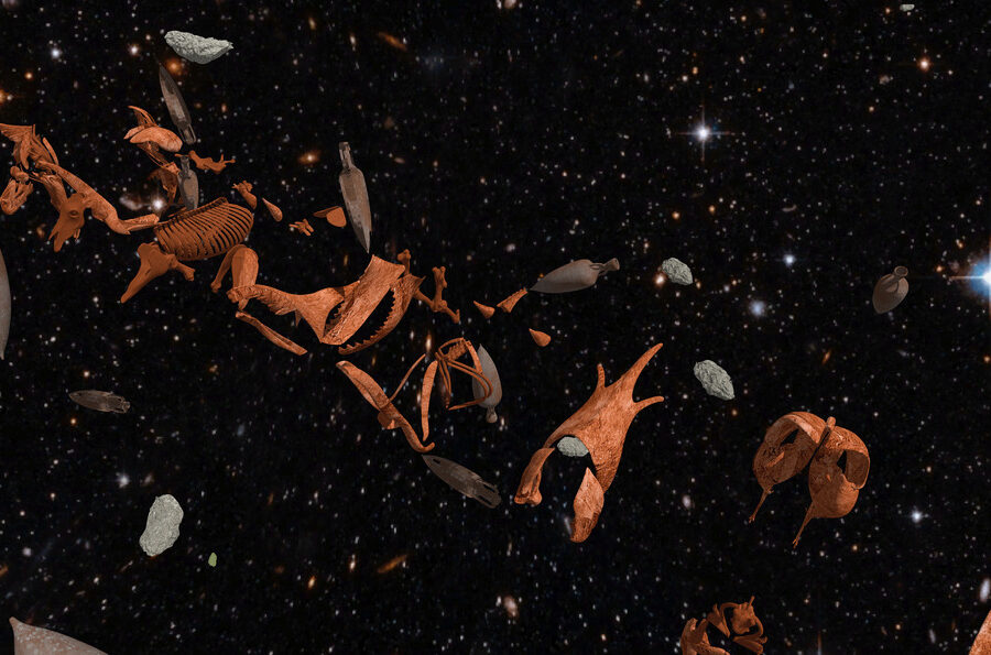 artist rendering graphic of clay pieces in space