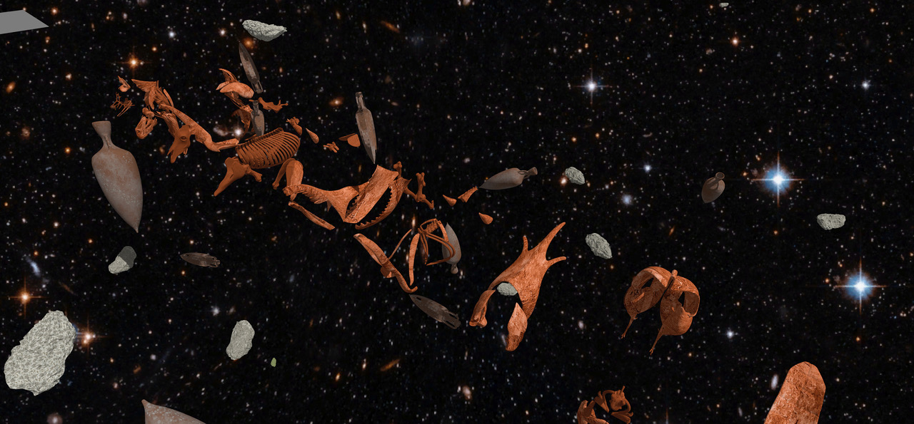 artist rendering graphic of clay pieces in space