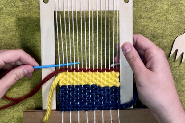 Part 2 | Weaving Step 2: Weave | Review separate instructions for plain weave and twining weave. 1st Row: Plain weave. 2nd Row: Twining Stitch. 3rd row - second to last. Row: Plain Weave. Final Row: Twining Stitch .