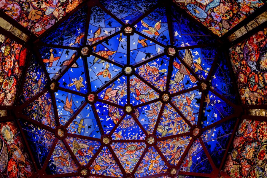 Photo of the inside top of stainglass window dome