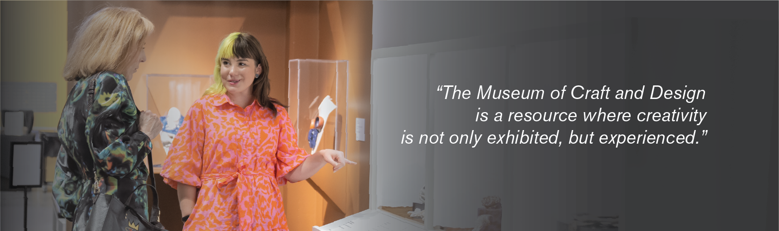 photo of two people in an art museum with text over the photo.